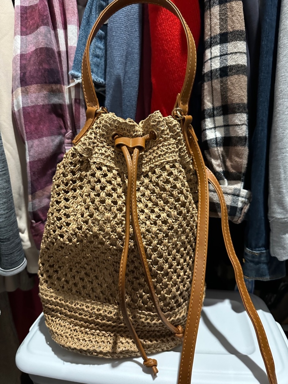Woven Crochet Drawstring Shoulder Bag in Tan - Picture 2 of 6